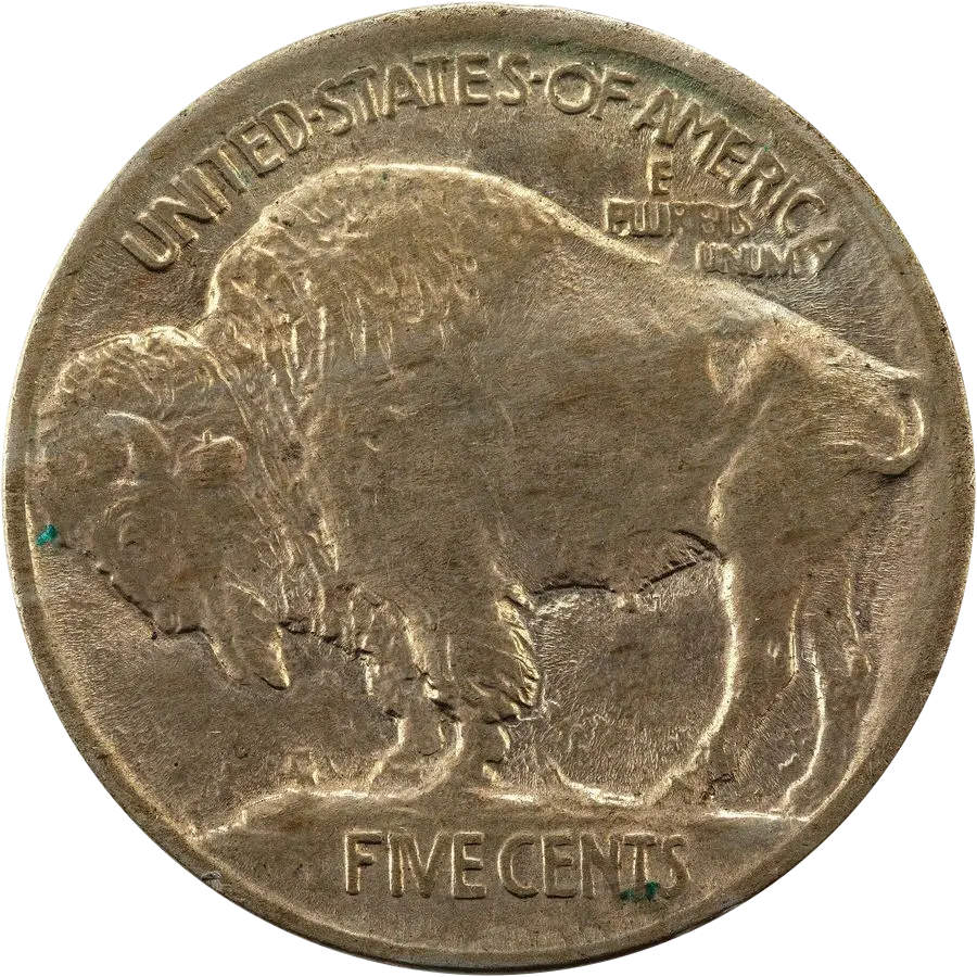 Buffalo nickel Type 1 reverse: bison standing on a raised mound