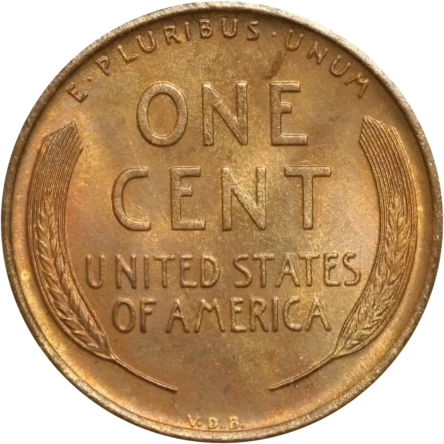 1909-S VDB Lincoln cent reverse with the designer initials V.D.B. at the rim