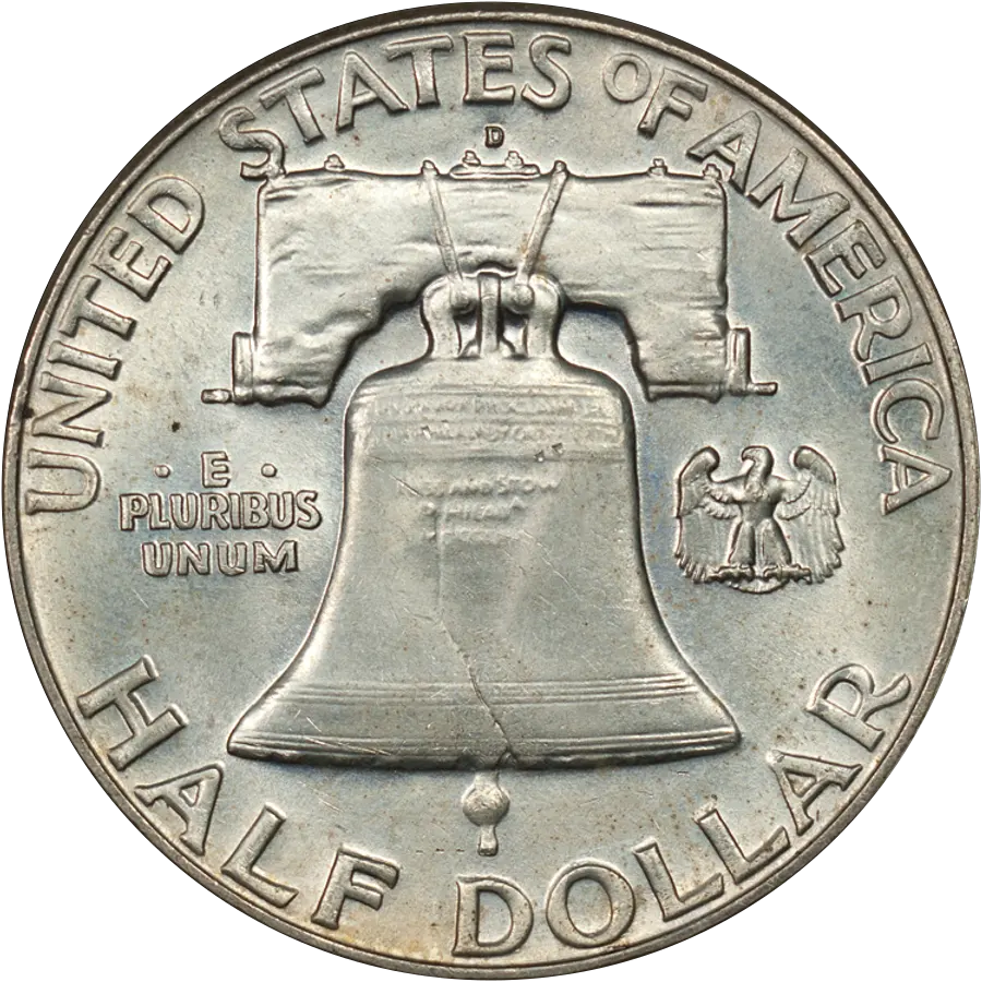 Franklin half dollar reverse: the Liberty Bell with a small eagle