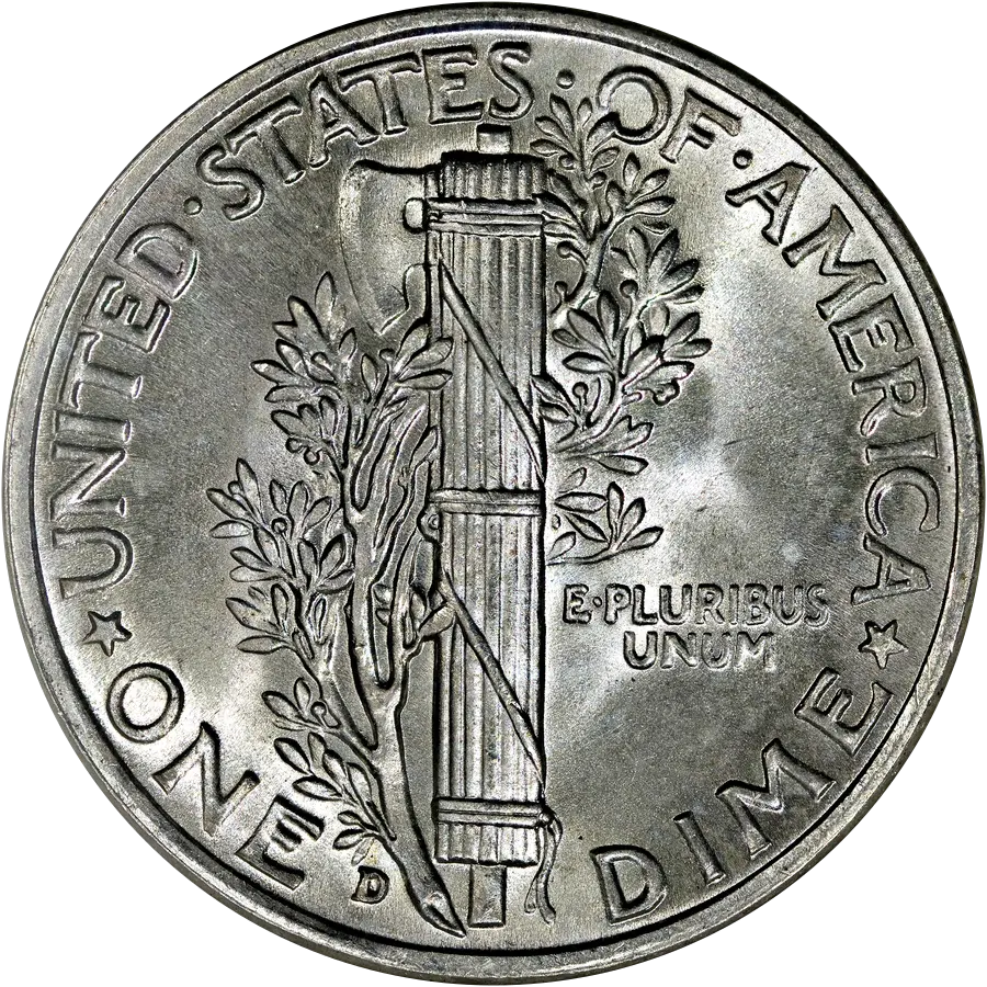 Mercury dime reverse: fasces with an olive branch